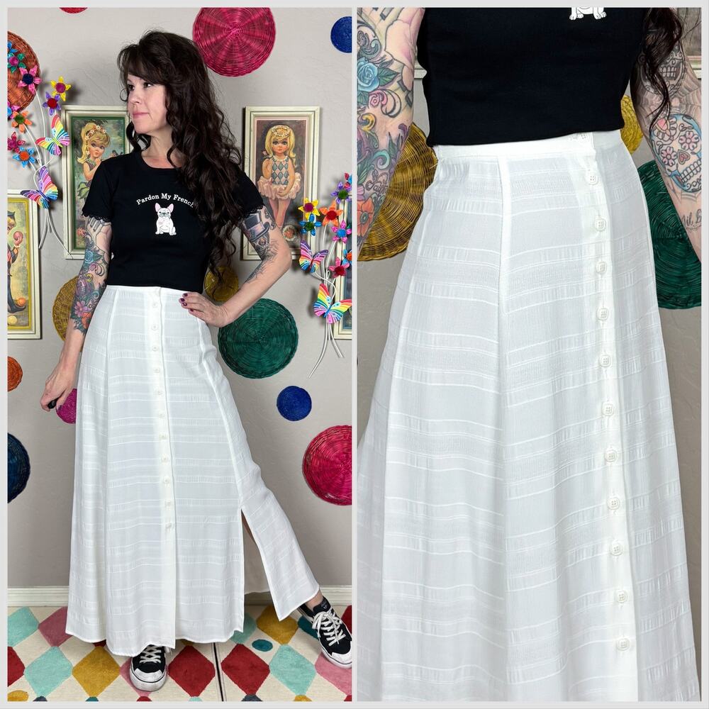Vintage 1980s Off White High Waist Button Front Maxi Skirt with Slits